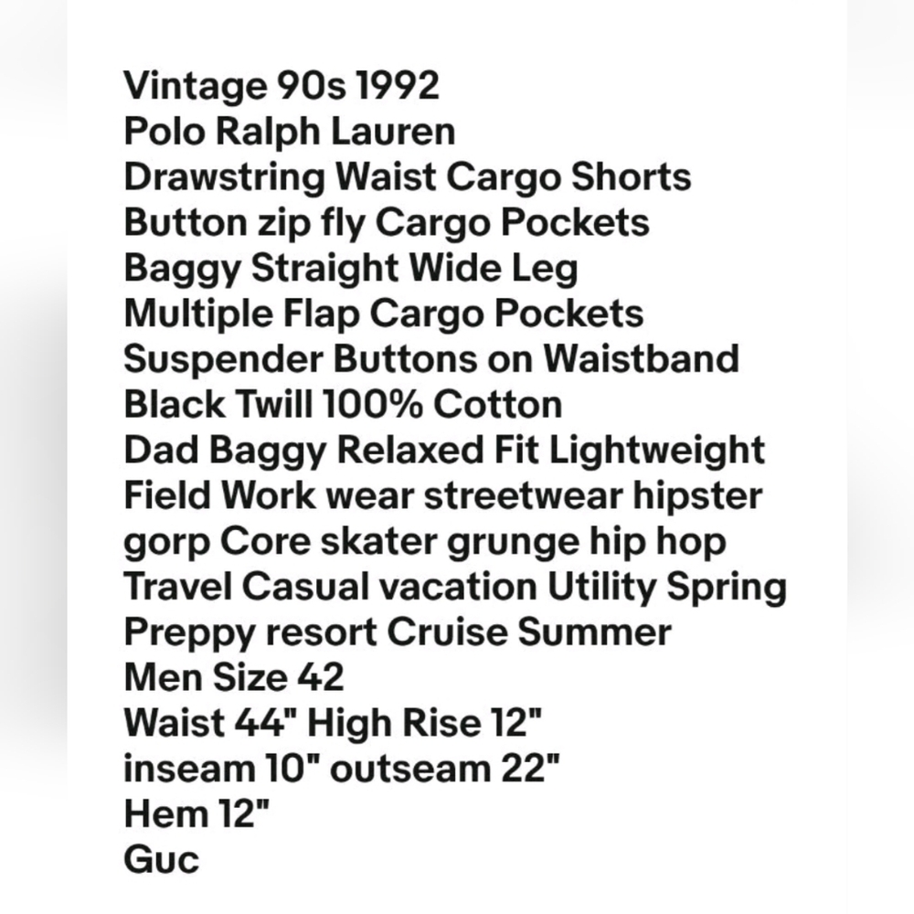 Vtg 90s Polo Ralph Lauren Baggy Wide Leg Cargo Shorts 42/44 Black Field Utility - Picture 8 of 14